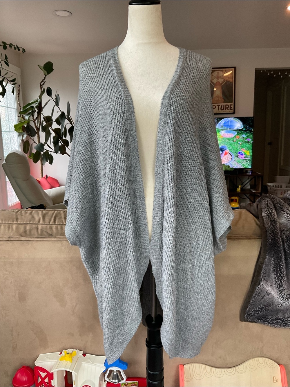 🐈aerie Offline Gray Open-Front Knit Poncho Wrap Laganlook Coastal Grandma Boho